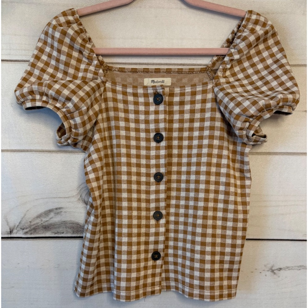 Madewell Gingham Puff Sleeve Button Front Square Neck Top Brown White XS